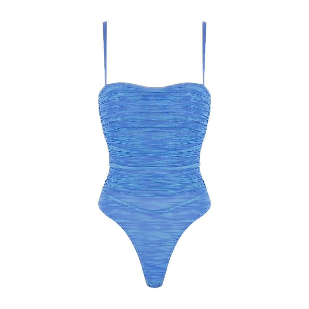 HOUSE OF CB Pearl Ruched Mesh Bodysuit In Sky Blue